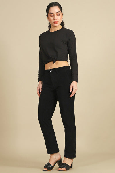 Black Solid Cotton Blend Straight Pants