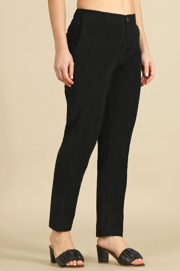 Black Solid Straight Fit Cotton Pants with YKK Zipper