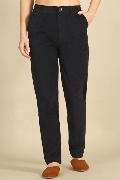 Blue Solid Cotton Blend Straight Pants