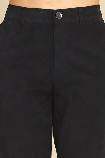 Blue Solid Cotton Blend Straight Pants