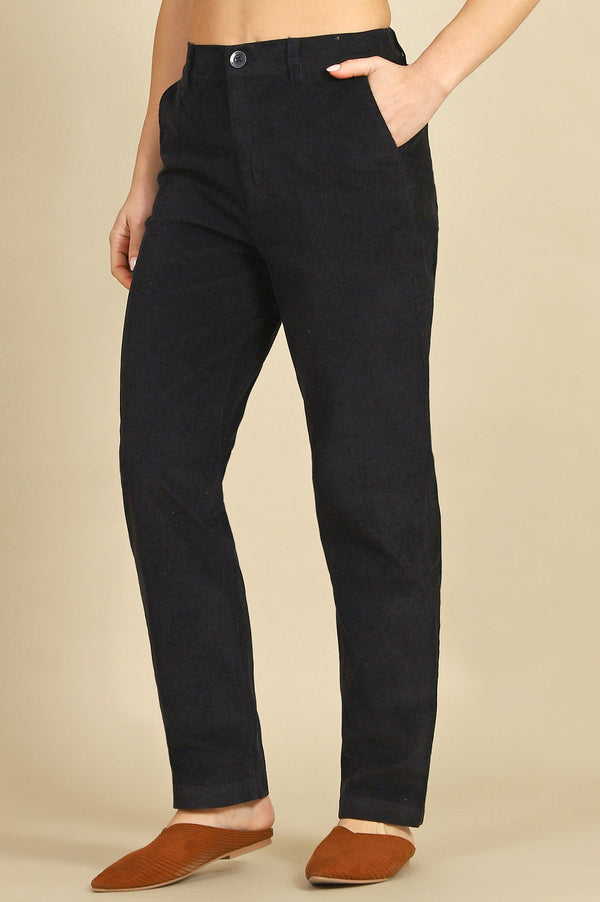 Navy Blue Solid Straight-fit Cotton Pants with YKK Zipper
