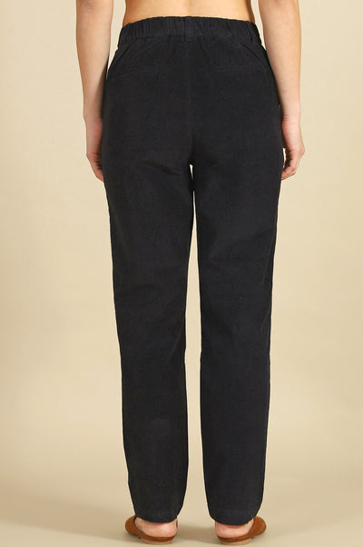 Blue Solid Cotton Blend Straight Pants