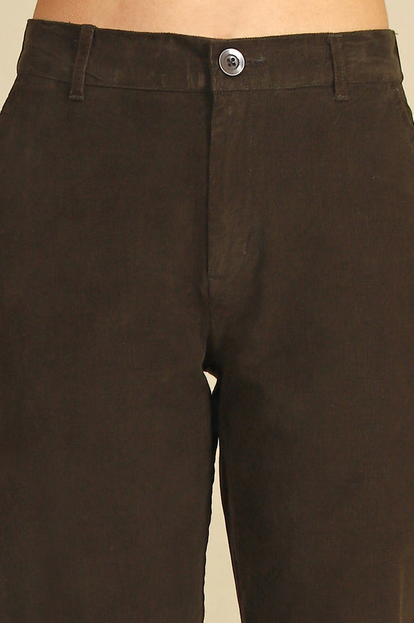 Dark Brown Solid Straight-fit Cotton Pants with YKK Zipper