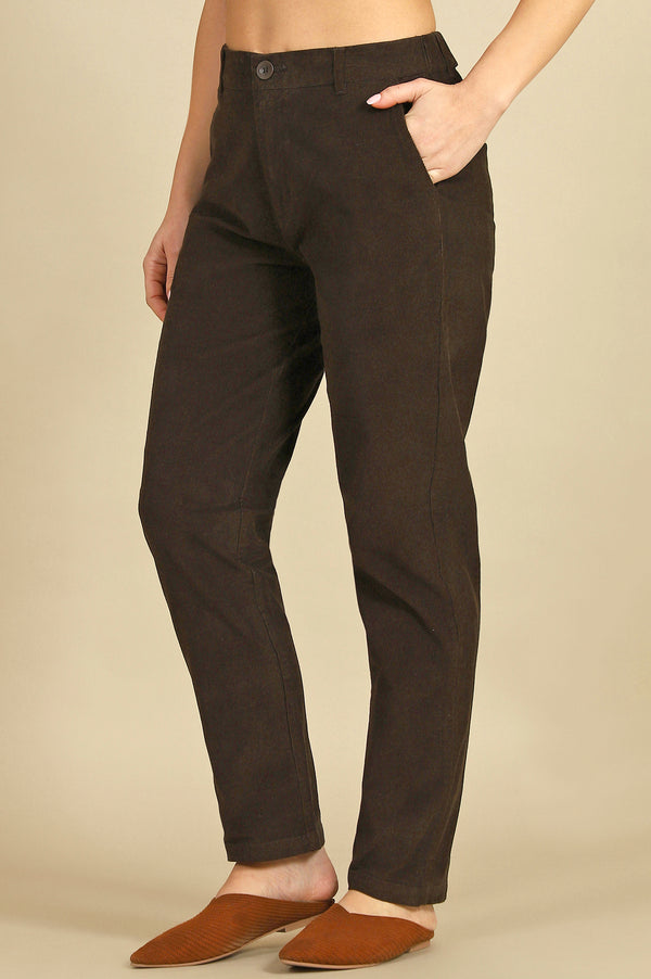 Dark Brown Solid Straight-fit Cotton Pants with YKK Zipper