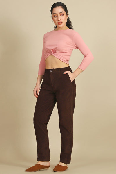Brown Solid Cotton Blend Straight Pants