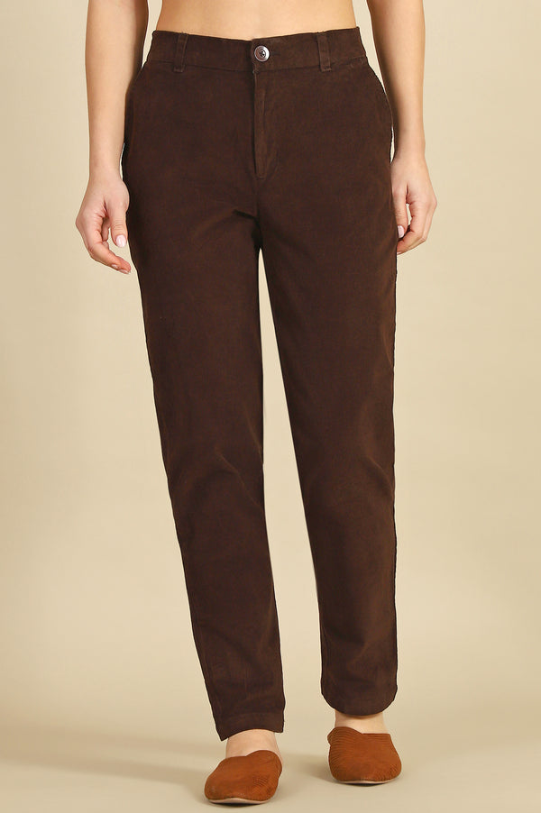 Brown Solid Straight Fit Cotton Pants with YKK Zipper