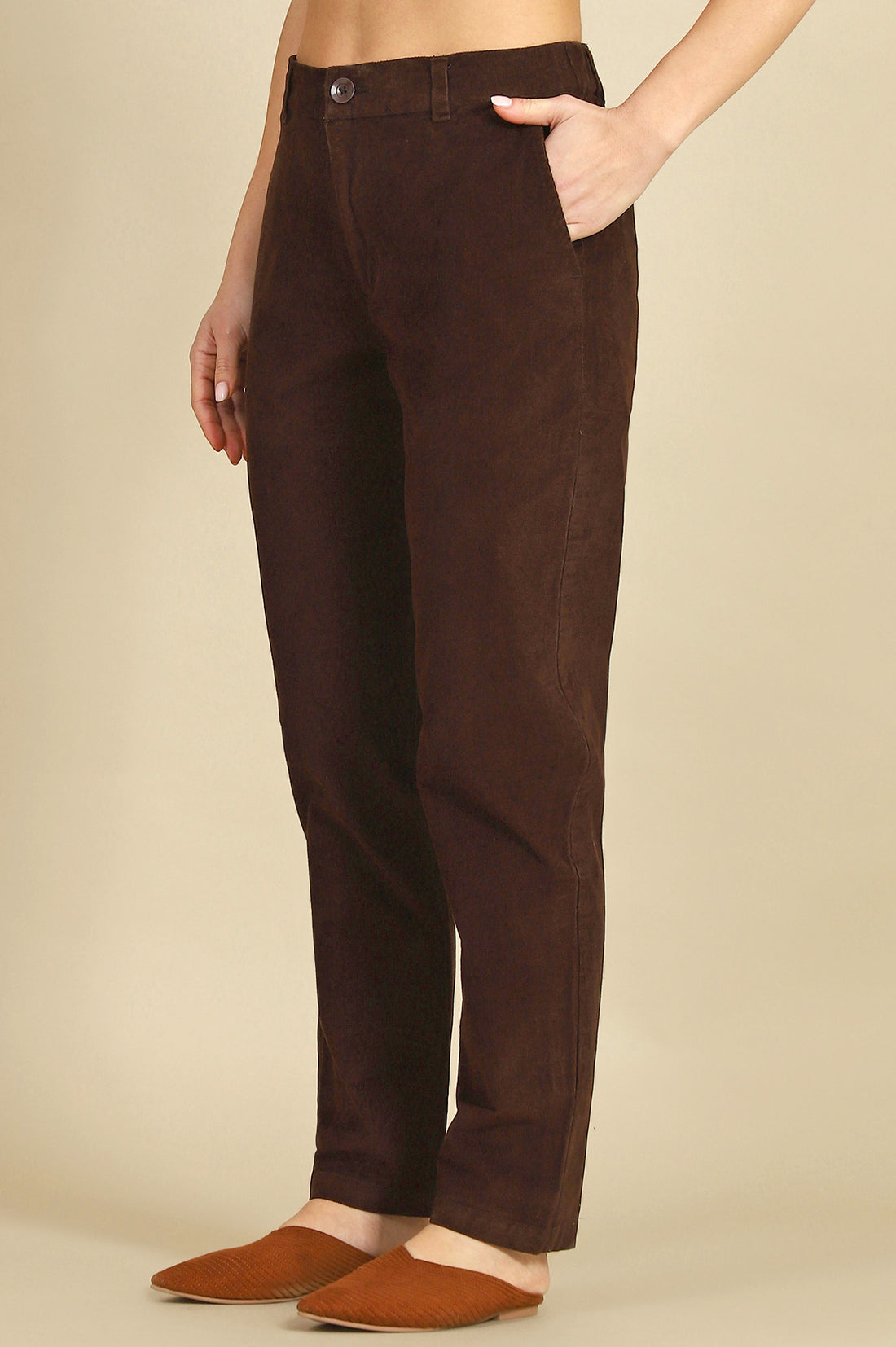 Brown Solid Cotton Blend Straight Trousers &amp; Pants