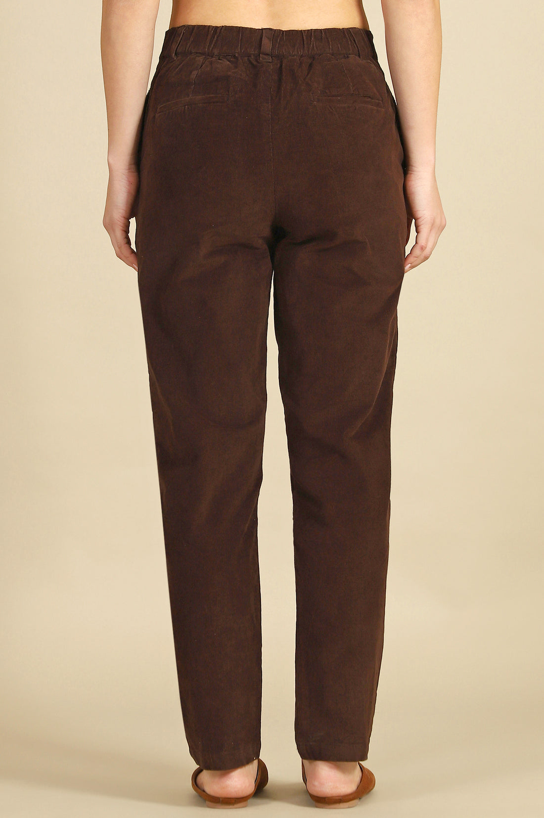 Brown Solid Cotton Blend Straight Trousers &amp; Pants
