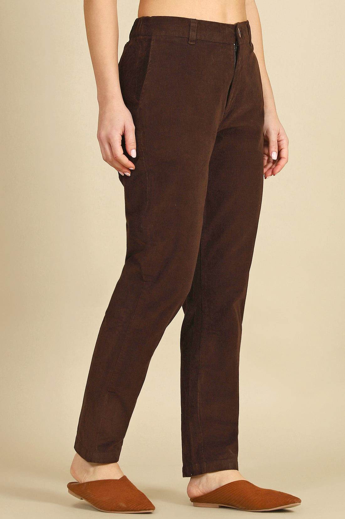 Brown Solid Cotton Blend Straight Trousers &amp; Pants