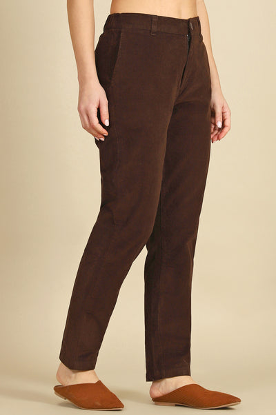 Brown Solid Cotton Blend Straight Pants