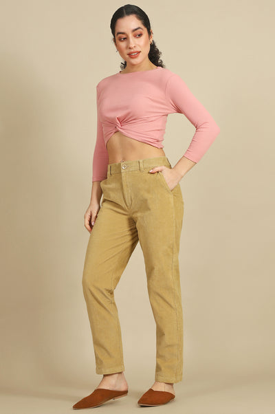 Beige Solid Cotton Blend Straight Pants