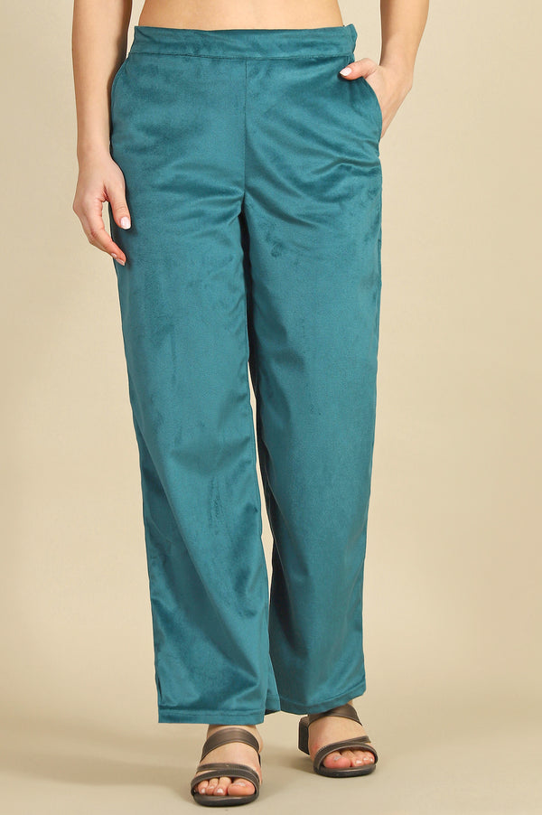 Green Solid Straight Fit Pants with YKK Zipper