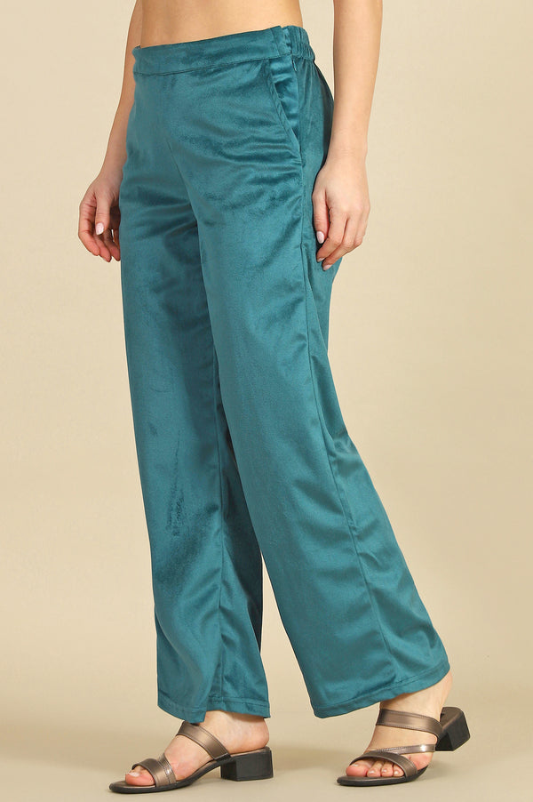 Green Solid Straight Fit Pants with YKK Zipper