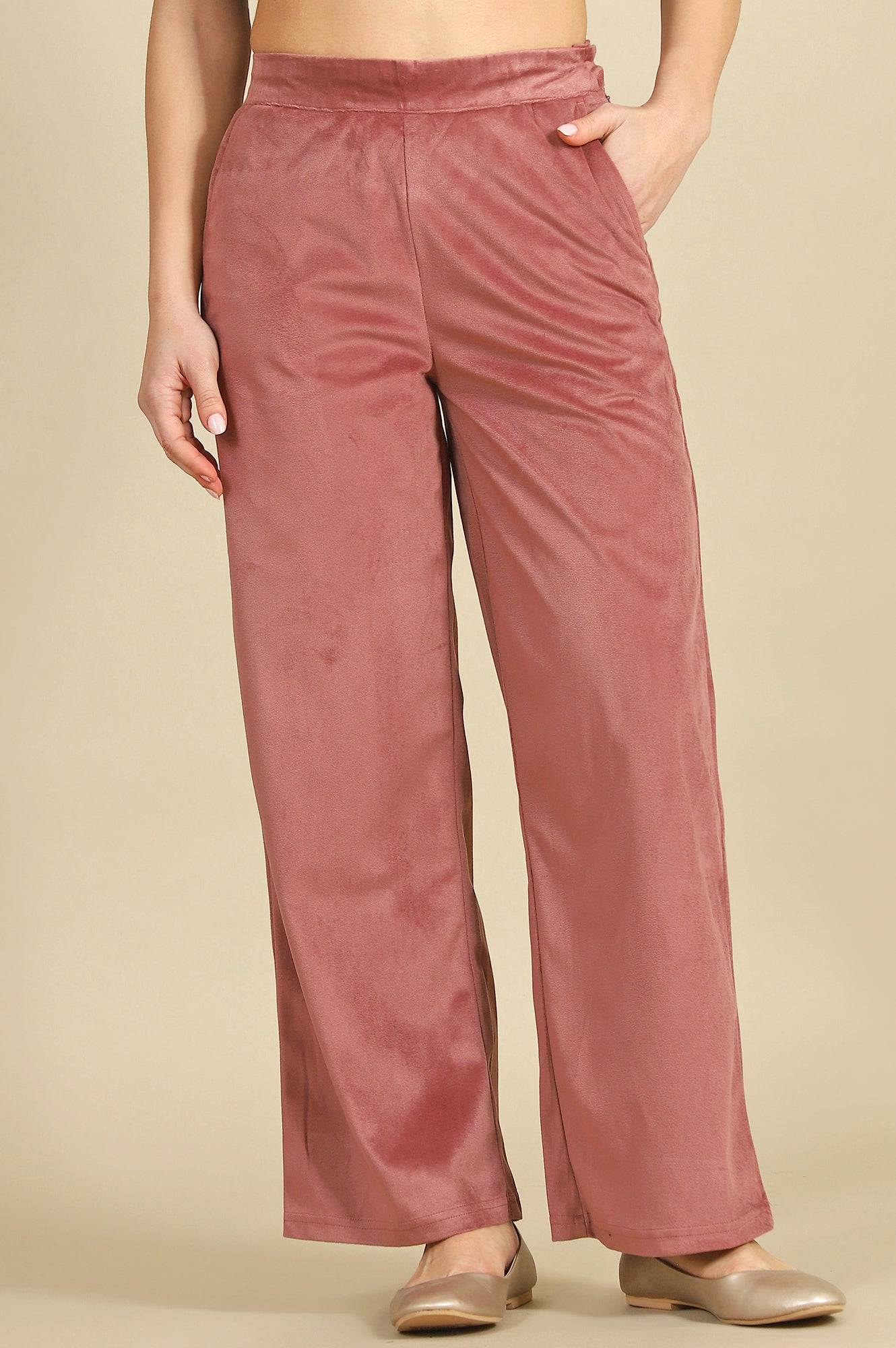 Pink Solid Straight Trousers &amp; Pants
