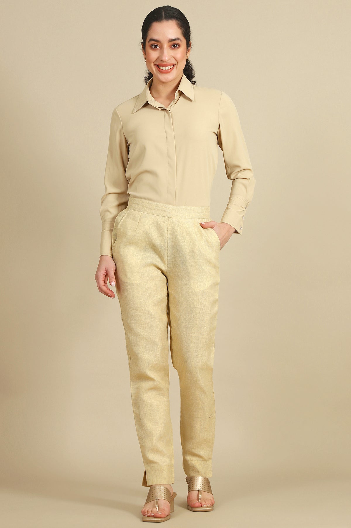 Elleven Women's Off White Yarn Dyed Straight Fit Cotton Blend Trousers With Zari Detailing - S