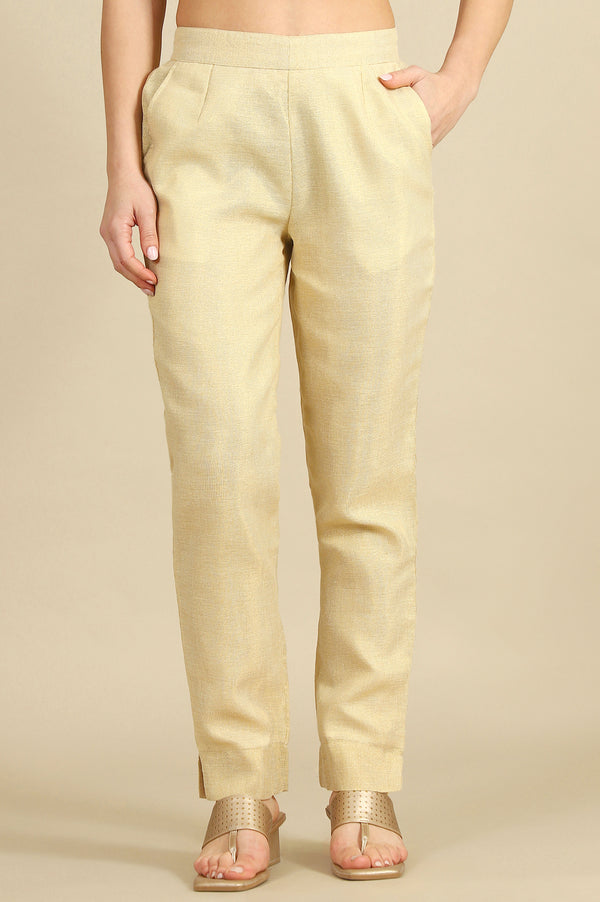 Off White Yarn Dyed Straight Fit Cotton Blend Trousers With Zari Detailing
