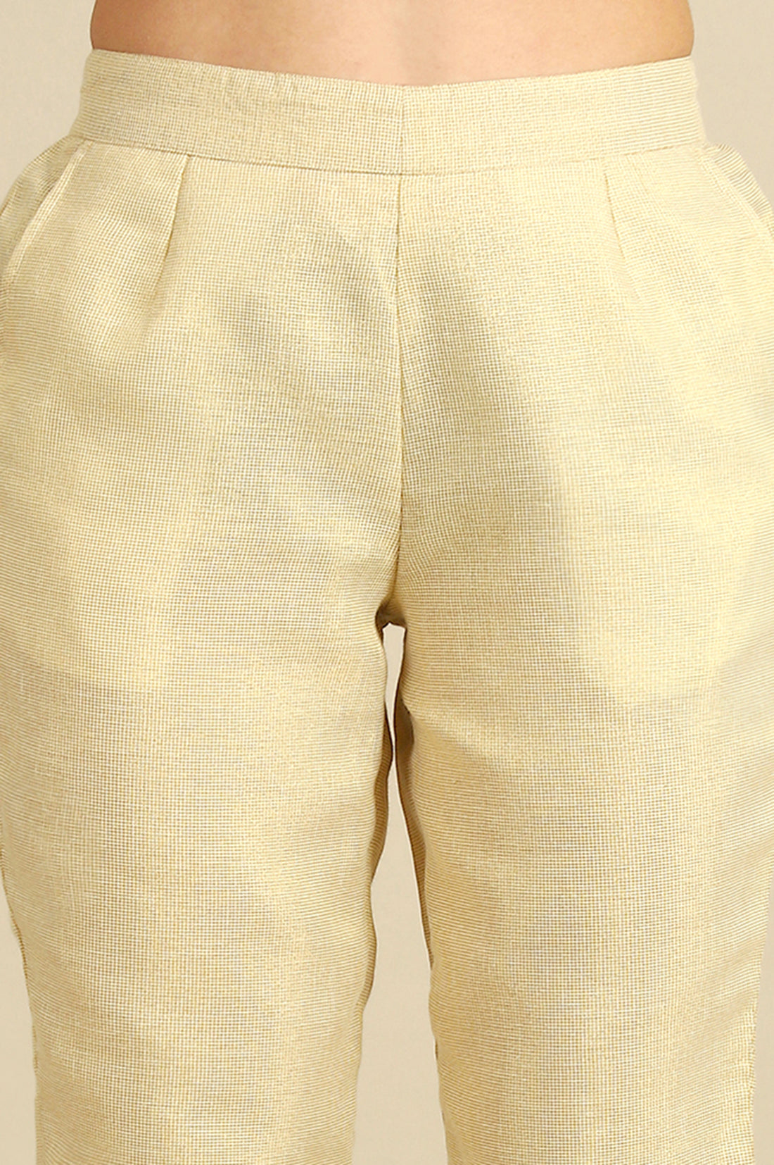 Off White Yarn Dyed Zari Cotton Blend Straight Trousers &amp; Pants