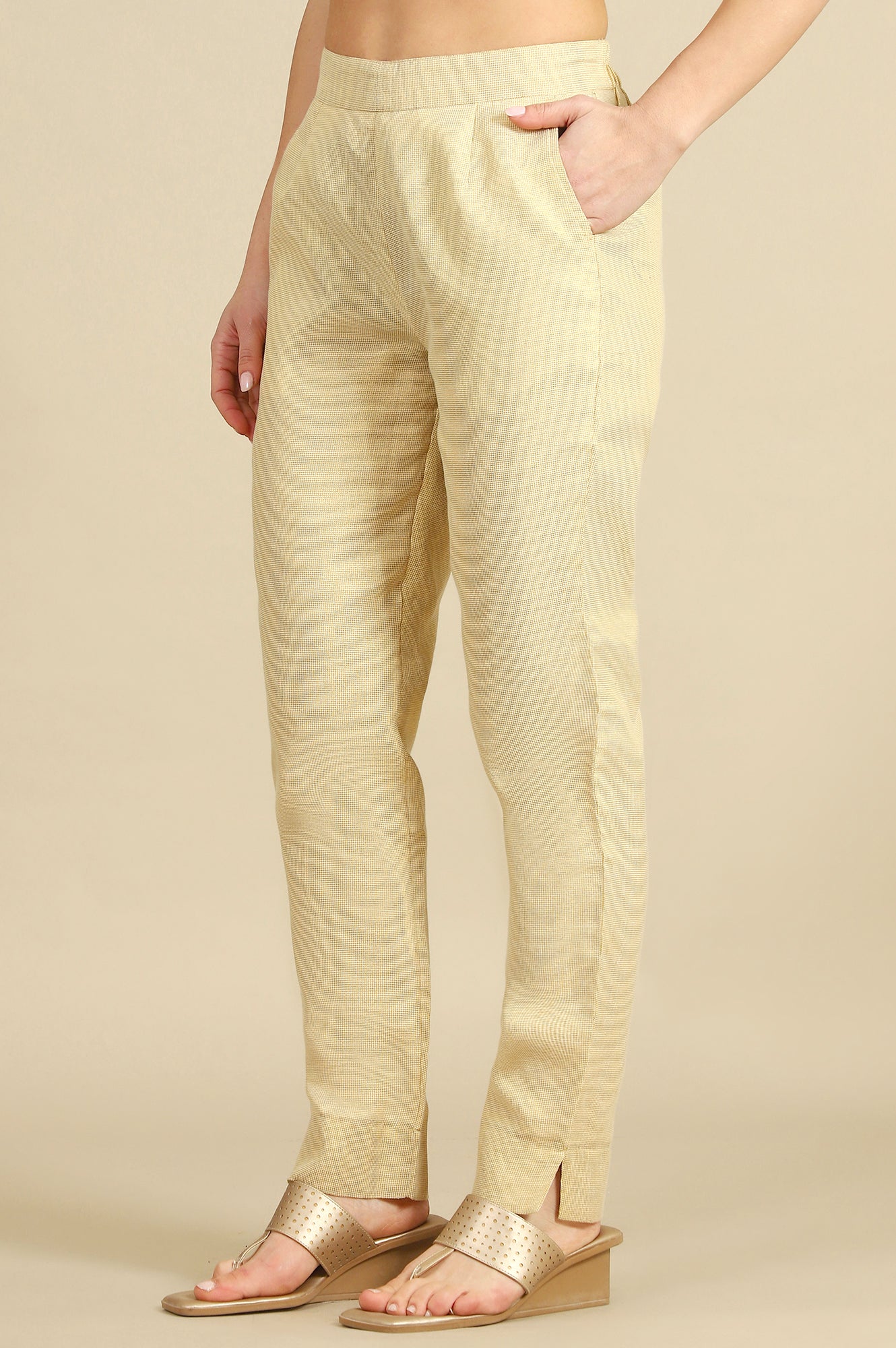 Off White Yarn Dyed Zari Cotton Blend Straight Trousers &amp; Pants