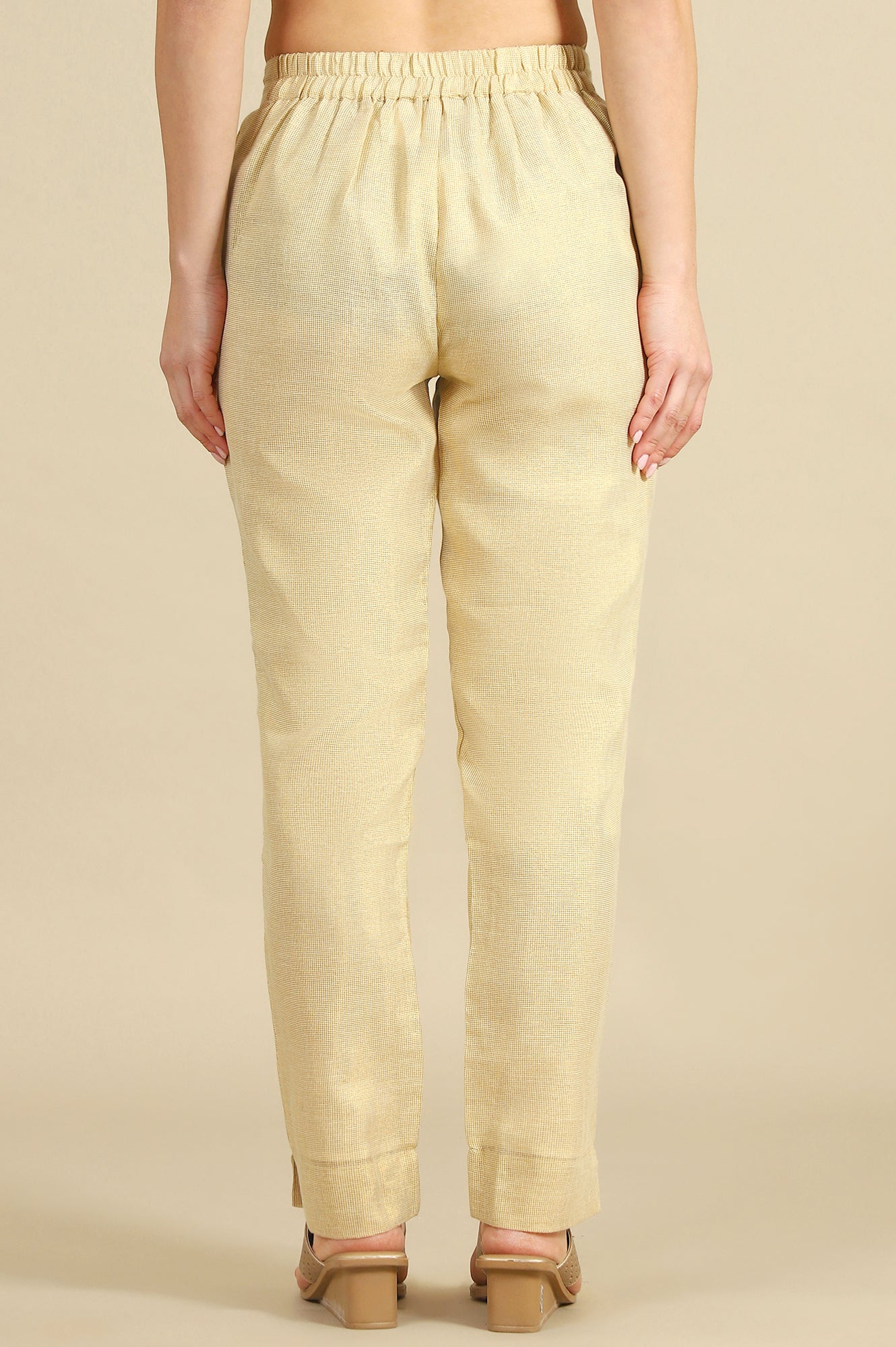 Off White Yarn Dyed Zari Cotton Blend Straight Trousers &amp; Pants