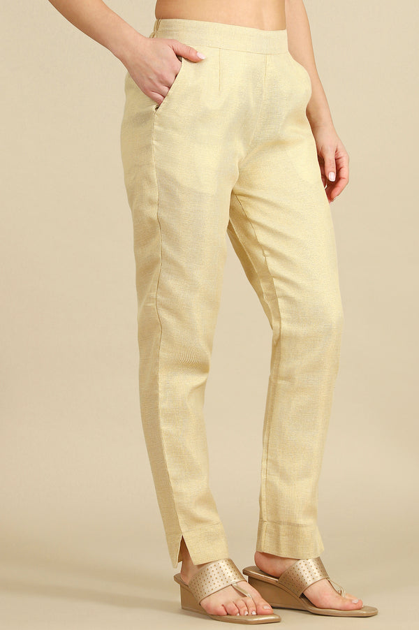 Off White Yarn Dyed Straight Fit Cotton Blend Trousers With Zari Detailing