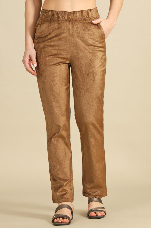Gold Solid Straight Fit Cotton Pants