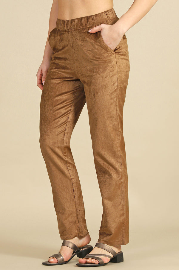 Gold Solid Straight Fit Cotton Pants