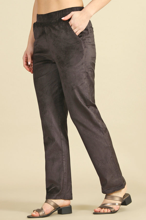Grey Solid Straight Pants