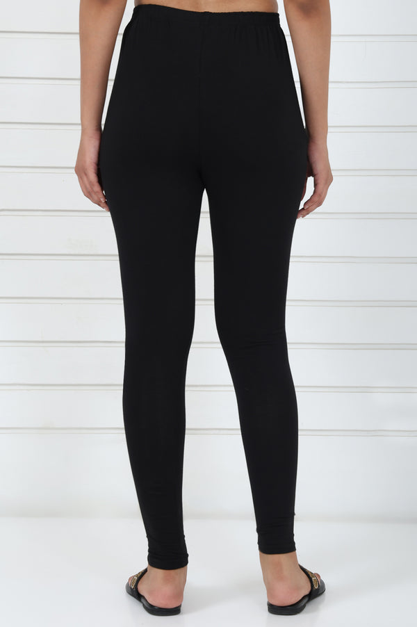 Elleven Women's Black Solid Cotton Lyrca Skinny Fit Tights