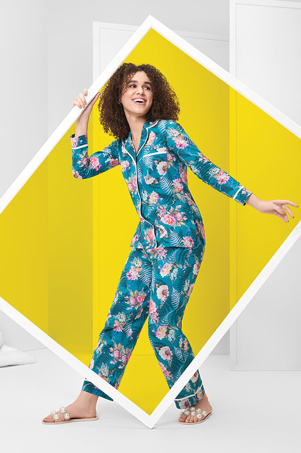 Green Floral Printed Straight Fit Cotton Palazzo With Elasticated Waist