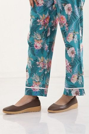 Green Floral Printed Straight Fit Cotton Palazzo With Elasticated Waist