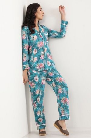 Lapis Green Floral Printed Top and Palazzo Lounge Wear Set