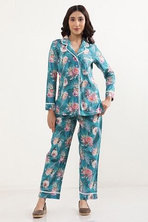Green Floral Printed Straight Fit Cotton Palazzo With Elasticated Waist