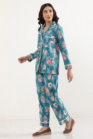 Lapis Green Floral Printed Top and Palazzo Lounge Wear Set