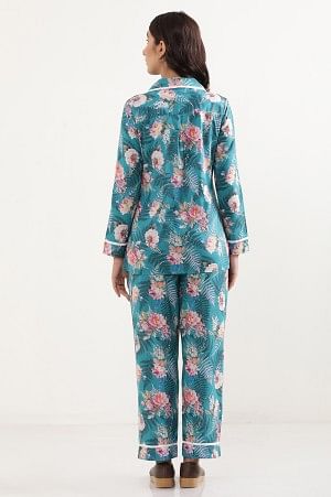 Lapis Green Floral Printed Top and Palazzo Lounge Wear Set