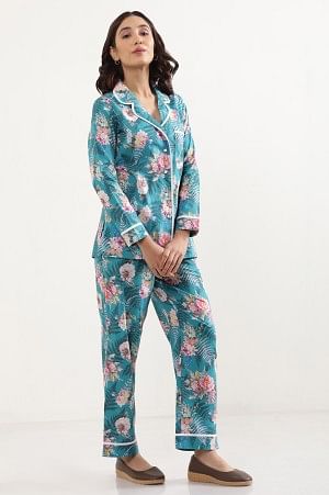 Lapis Green Floral Printed Top and Palazzo Lounge Wear Set