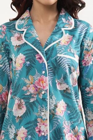 Lapis Green Floral Printed Top and Palazzo Lounge Wear Set