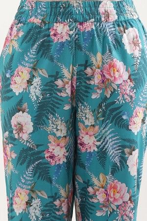 Green Floral Printed Straight Fit Cotton Palazzo With Elasticated Waist