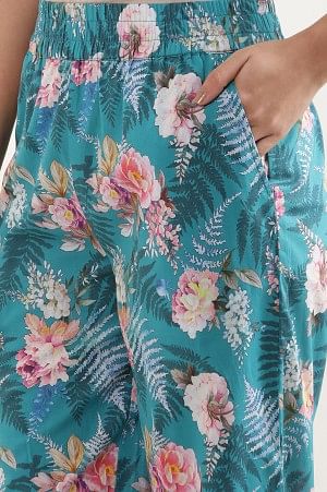 Lapis Green Floral Printed Top and Palazzo Lounge Wear Set