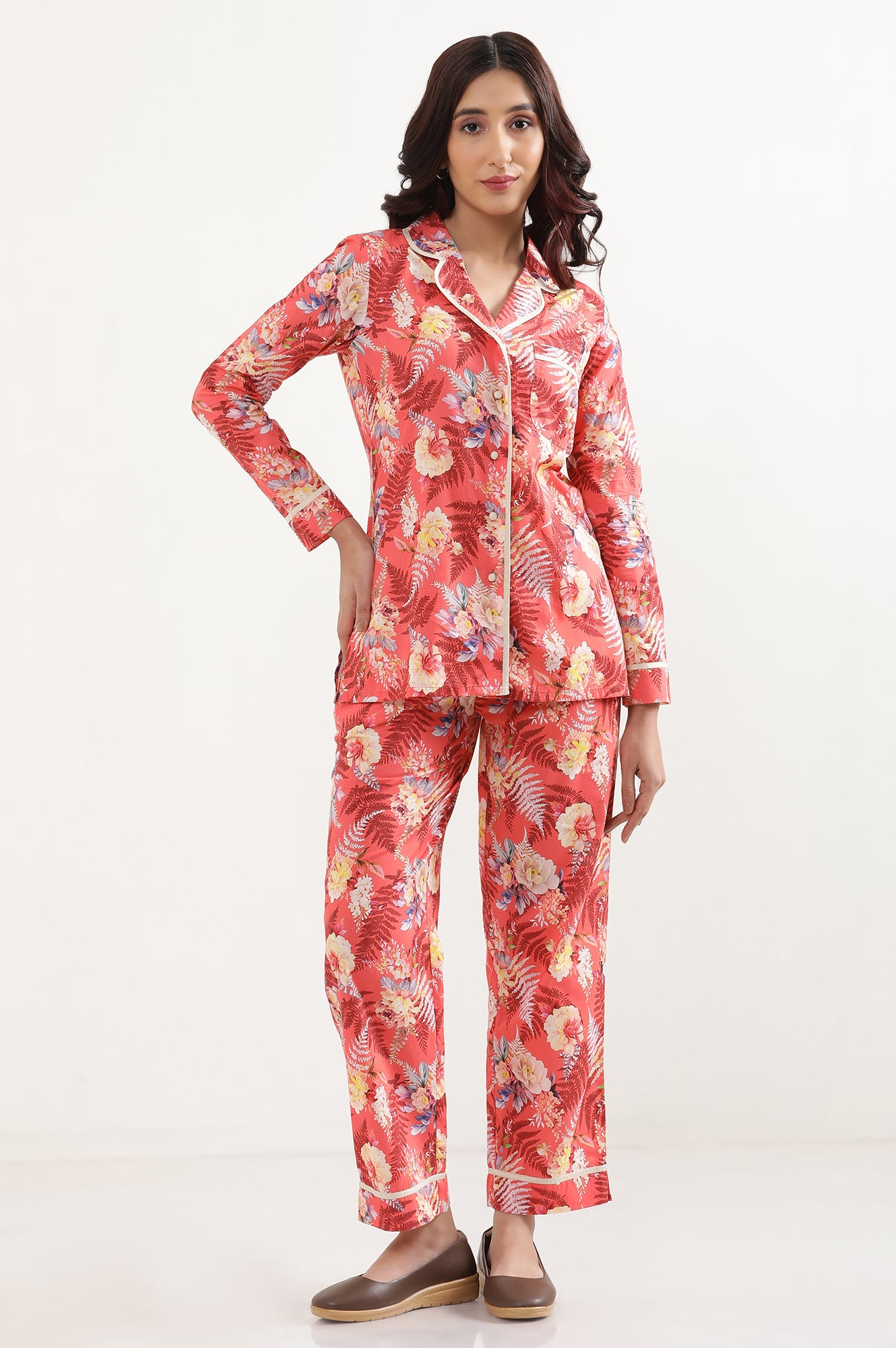 Red Floral Printed Top and Palazzo Lounge Wear Set