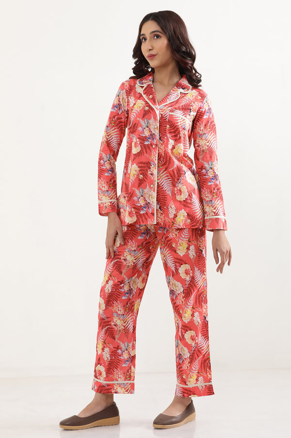 Elleven Women's Red Floral Printed Wide Leg Cotton Palazzo With Elasticated Waist