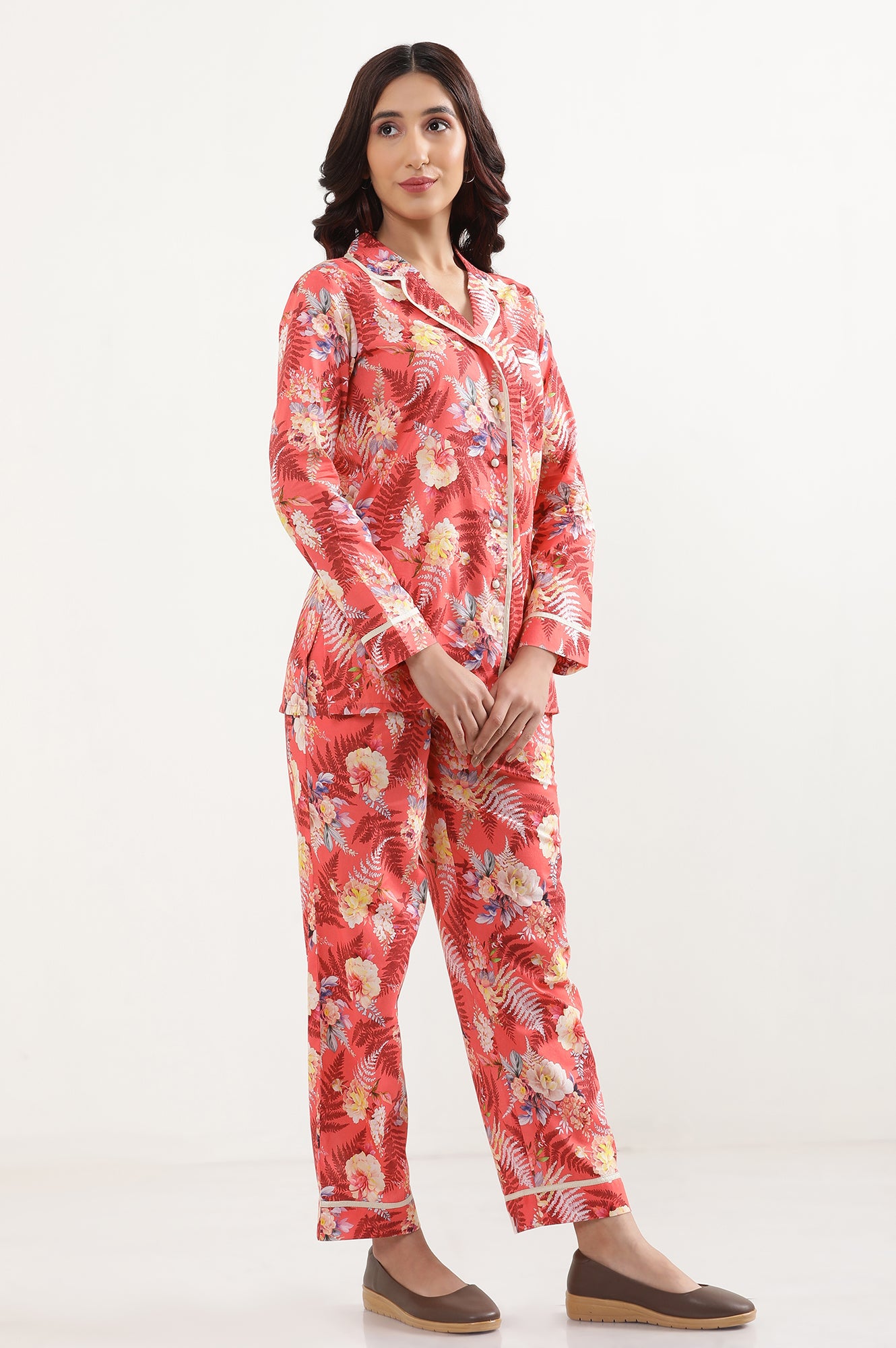 Red Floral Printed Top and Palazzo Lounge Wear Set