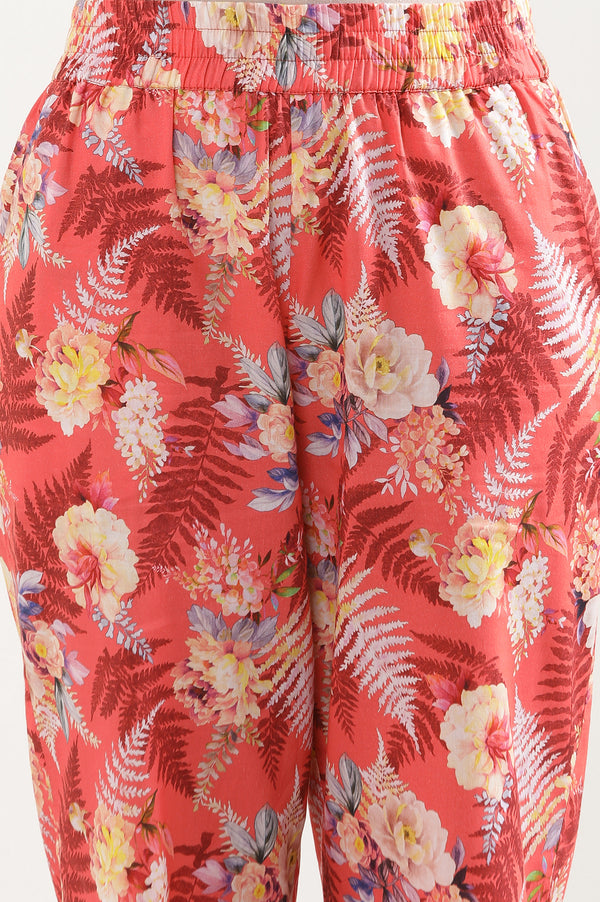 Elleven Women's Red Floral Printed Wide Leg Cotton Palazzo With Elasticated Waist