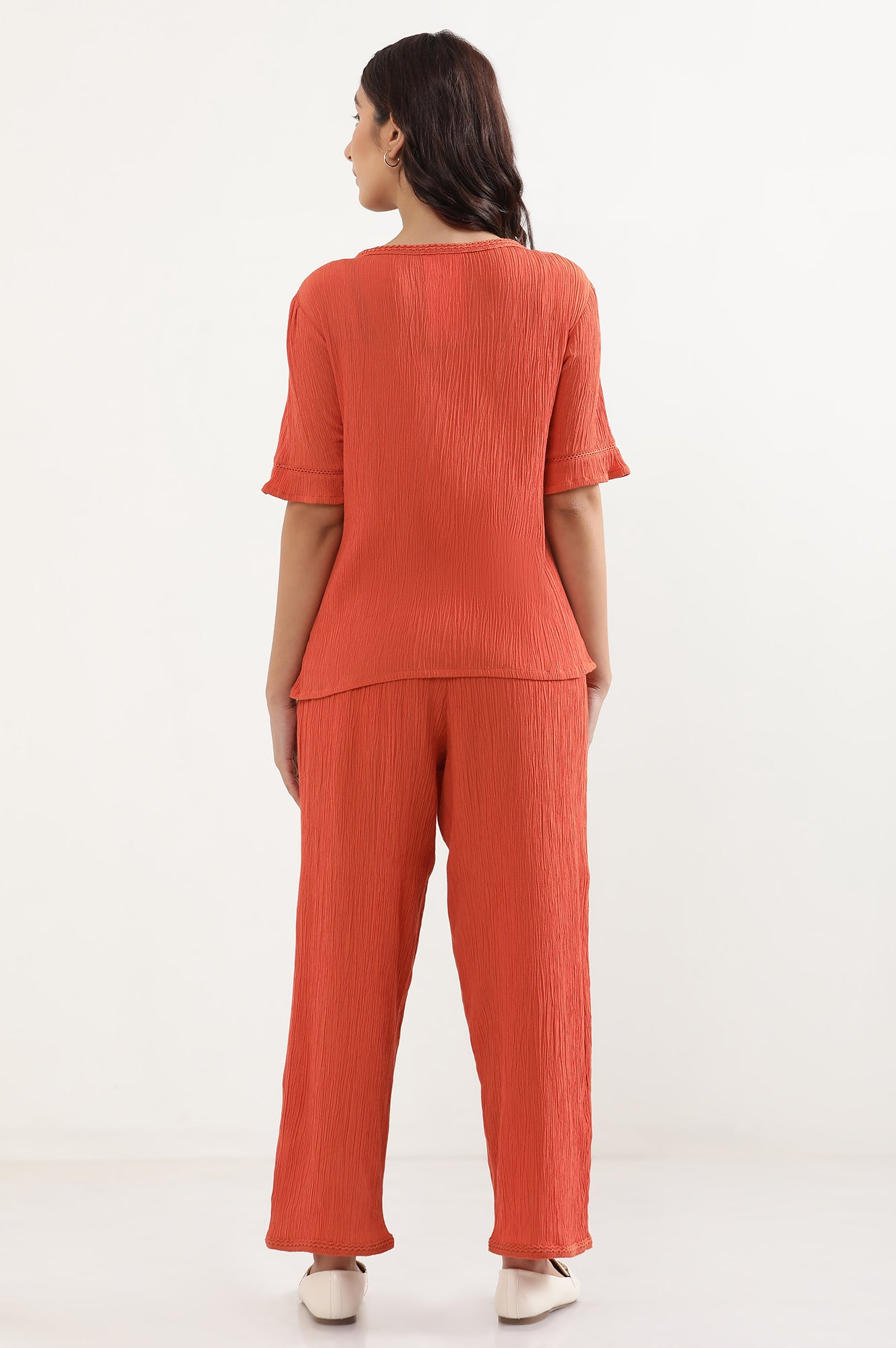 Rust Orange Lounge Wear Crinkle Top and Palazzo Set