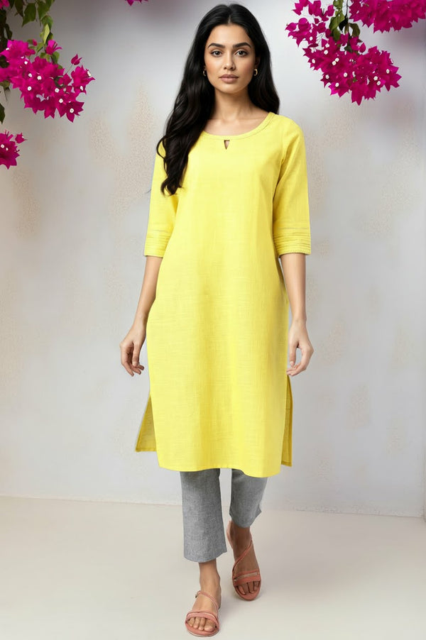 Yellow Rayon Kurta With Lace Detail