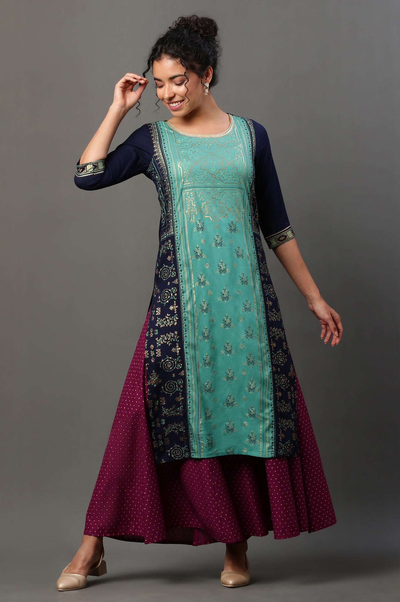 Blue Foil Printed Festive Kurta