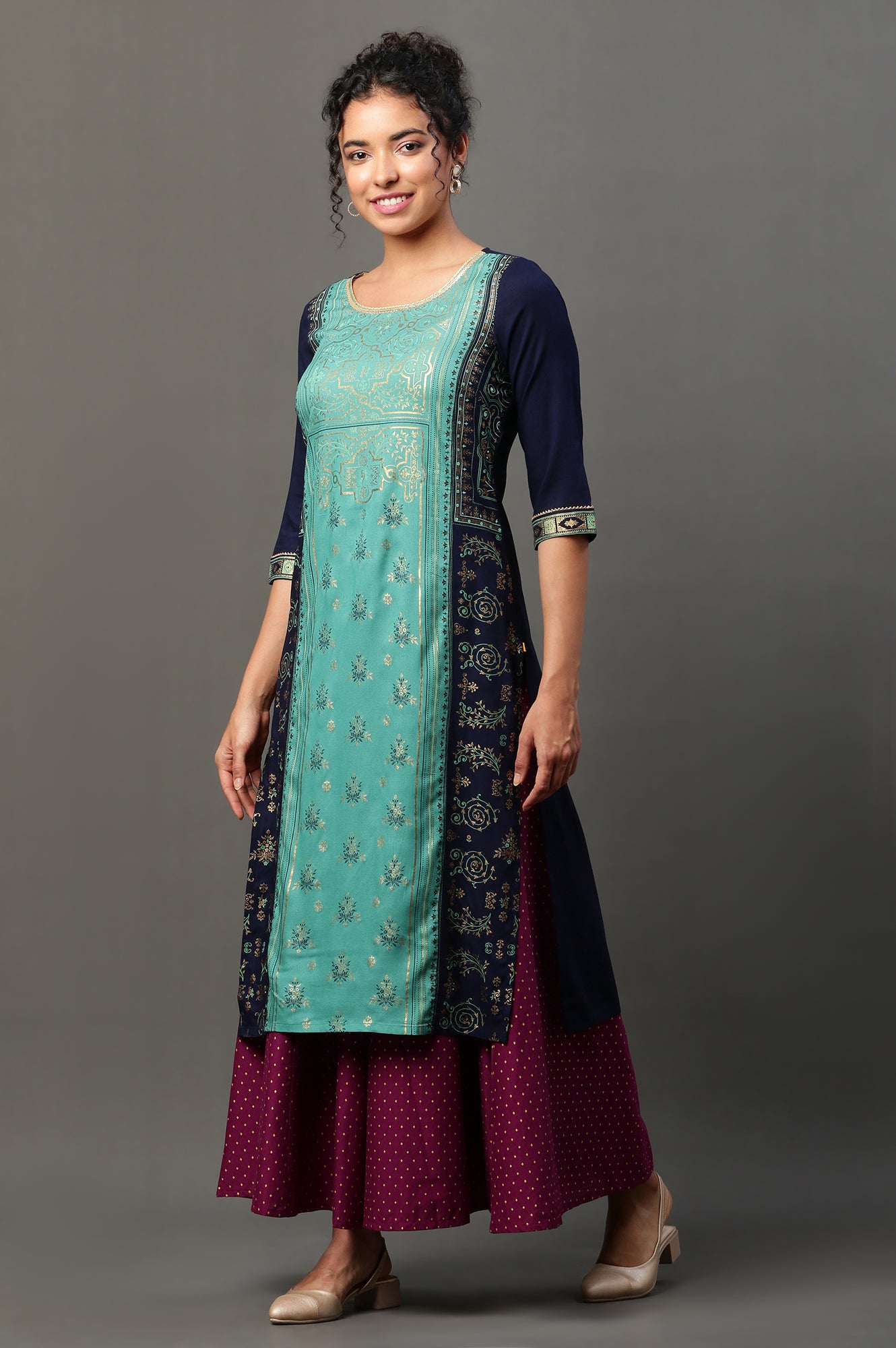 Blue Foil Printed Festive Kurta