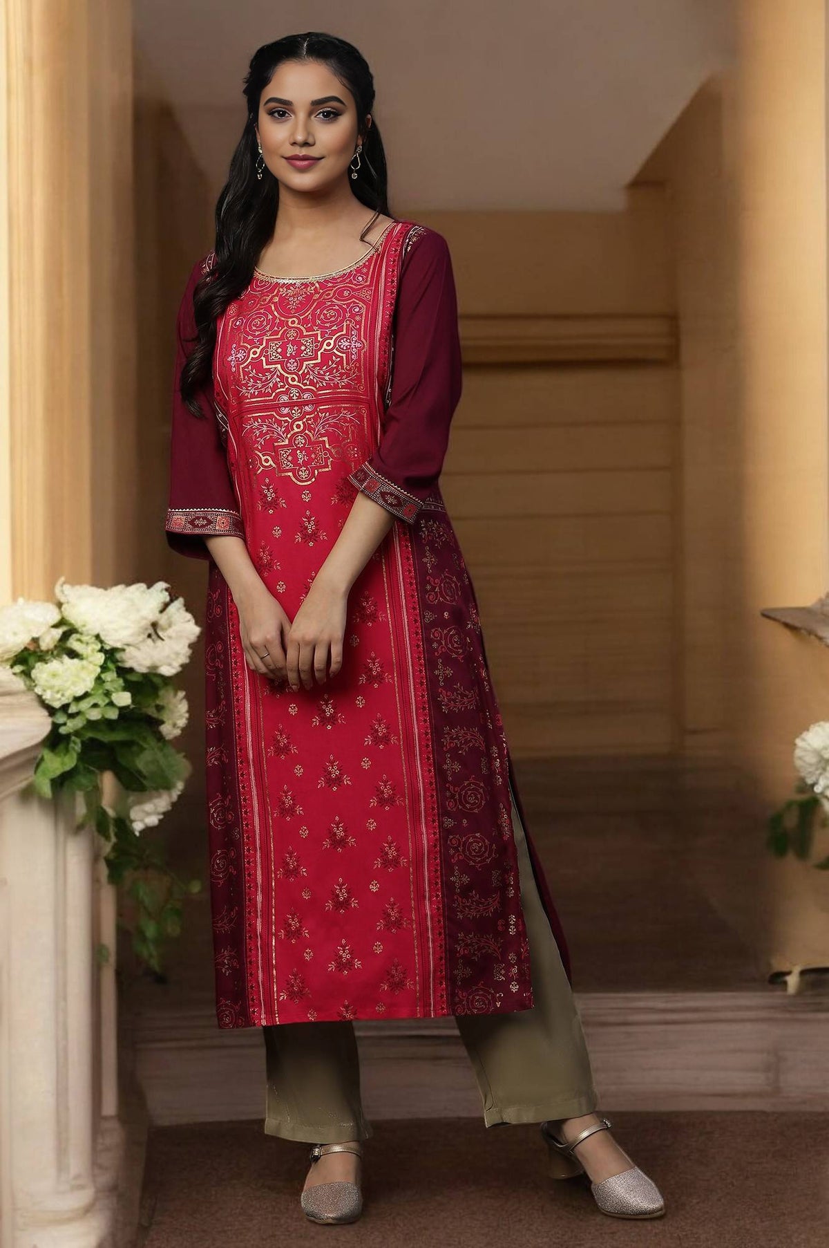 Elleven Women's Pink Metallic Embroidered Kurta - XS
