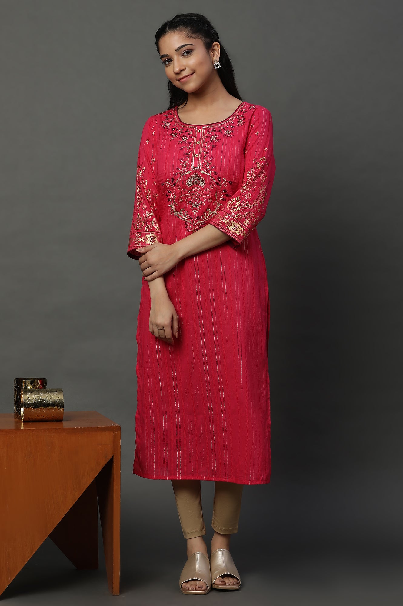 Pink and Wine Foil Printed Festive Kurta