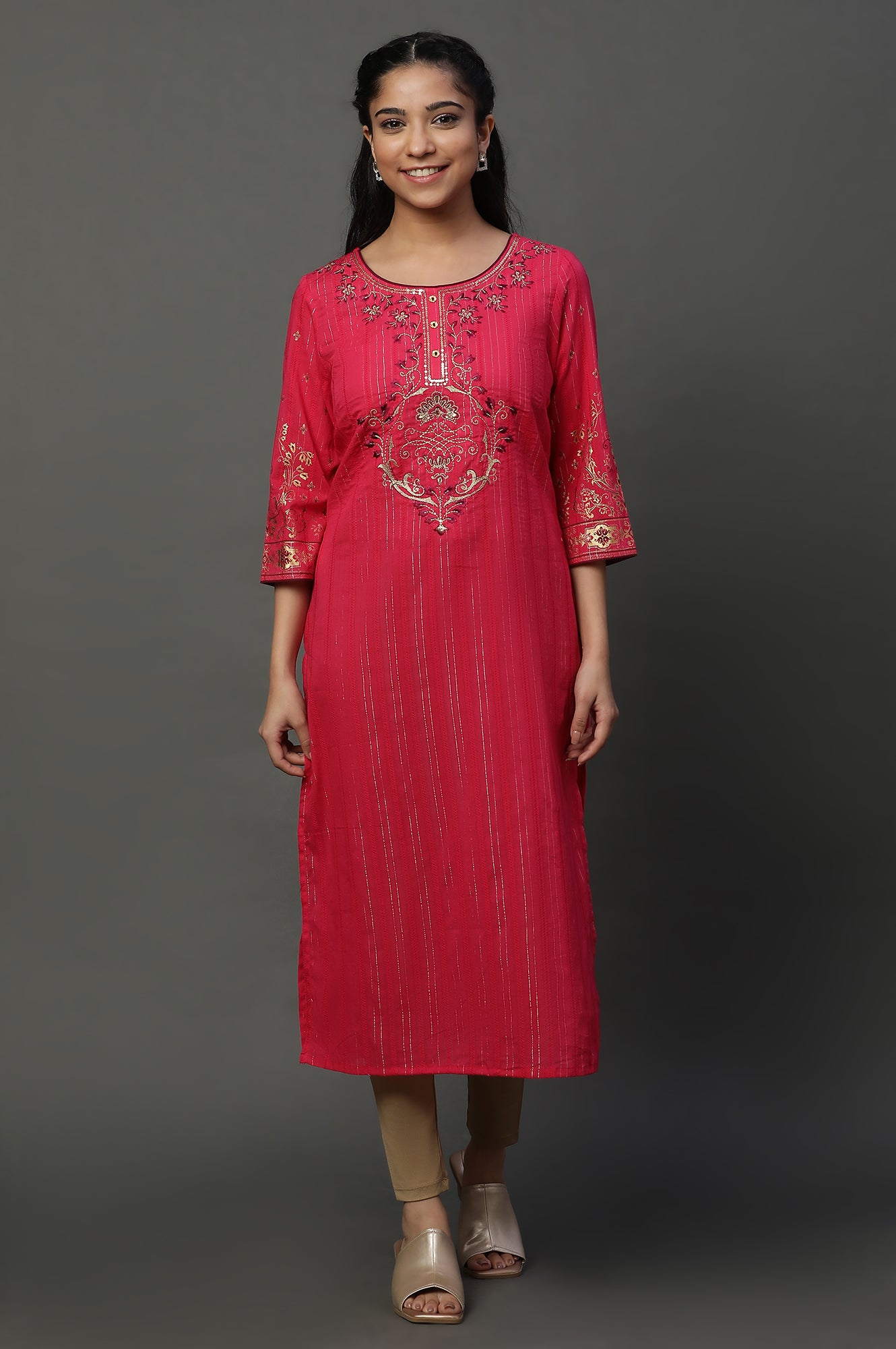 Pink and Wine Foil Printed Festive Kurta