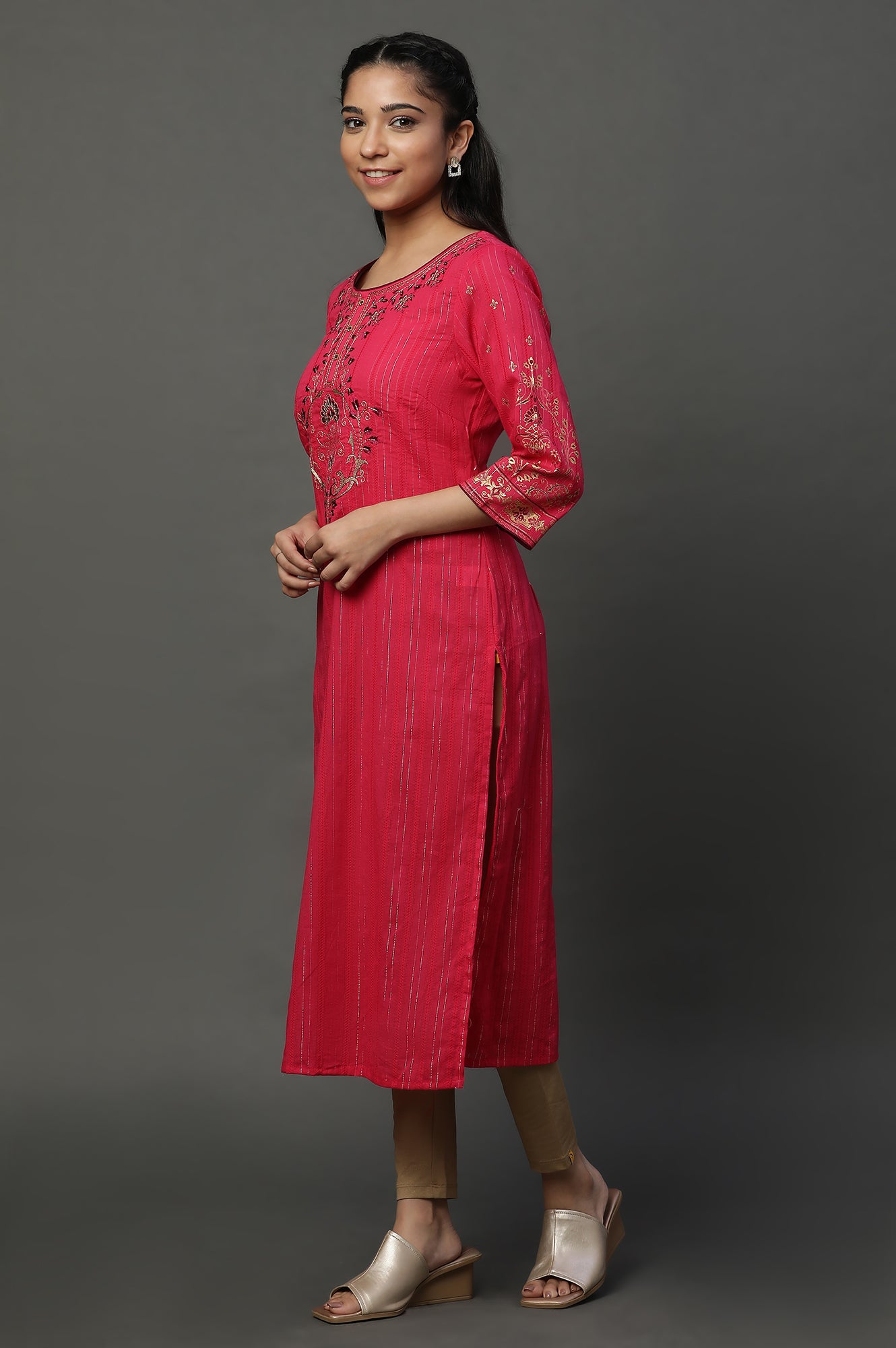 Pink and Wine Foil Printed Festive Kurta